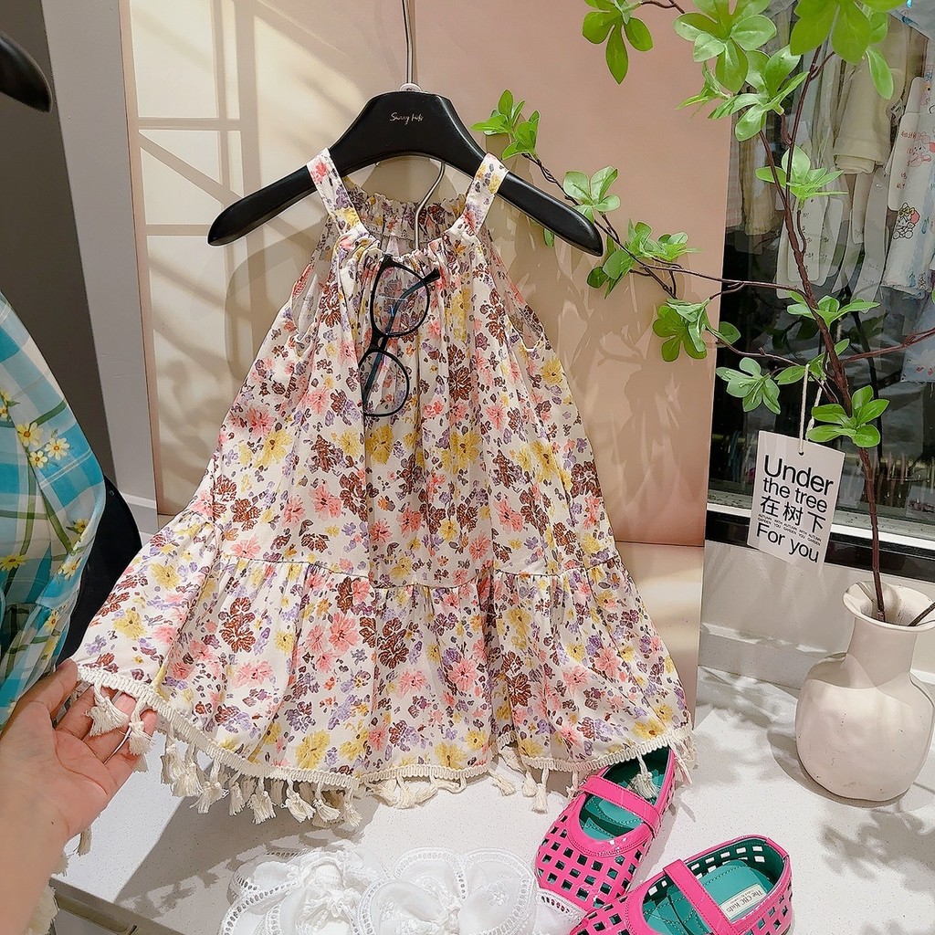 Đầm lụa Cotton hoa cho bé gái mùa hè mỏng phù hợp với váy đi biển 80-160 Size RN6A