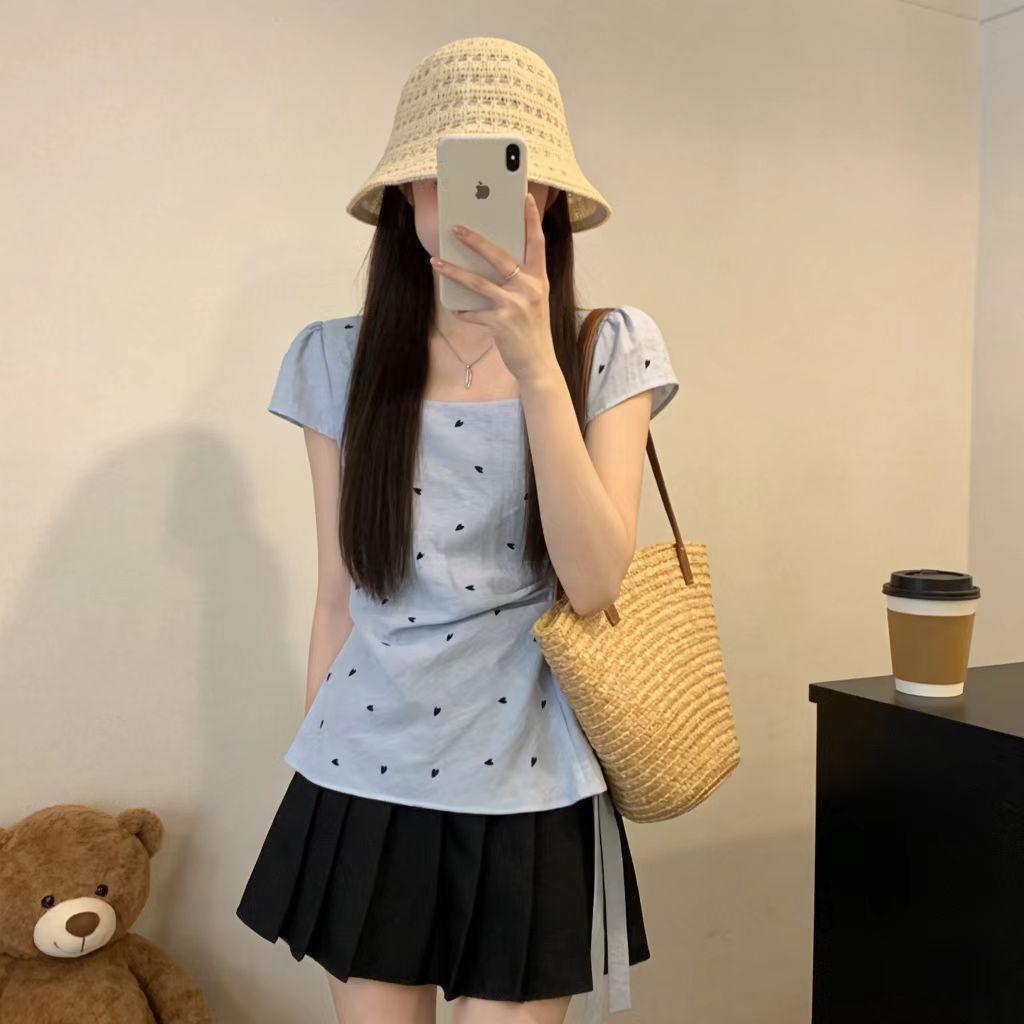 [Ưu đãi đặc biệt trong thời gian có hạn] Áo sơ mi ngắn tay tình yêu ngọt ngào phong cách nữ tính mùa hè béo MM Phiên bản Hàn Quốc Cổ vuông không đều có dây buộc