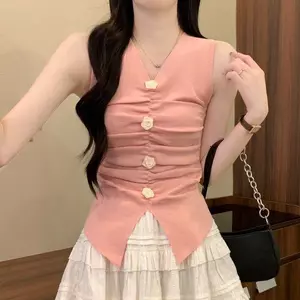 Áo Vest không tay hoa ba chiều phong cách mới dệt kim xẻ li Hot Girl Áo eo hẹp ngọt ngào