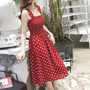 Phiên bản Hàn Quốc Kỳ nghỉ Chấm Bi Đầm Xuân Hè Váy Trung Dài Váy Voan Sang Trọng S
