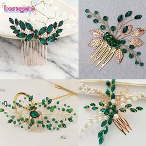 BORAGETE Lá Hoa Băng Đô Trang Sức Tóc Xanh Đồ Trang Trí Tóc Kim Cương Giả Lược Tóc