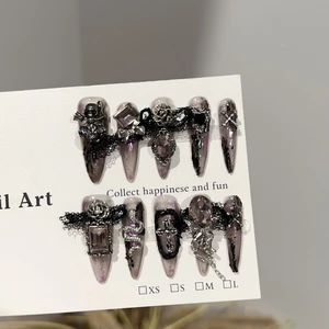 Handmade Nail Feel Màu Đậm Tím Làm Móng Tay Mảnh Phong Cách Gothic Halloween Công Nghiệp Nặng Miếng Dán Móng Tay Giả N1QC