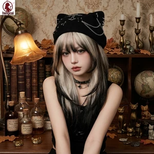 Xiêm Mèo Gradient Tóc Giả Bạch Kim Đến Đen Lớp Nổ 60cm Tóc Tổng Hợp Cho Tiệc Cosplay