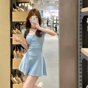 Đầm dệt kim eo hẹp Pure Desire dành cho nữ Váy lụa băng mùa hè Slim-fit Váy ngắn tay phồng ngọt ngào mùa hè