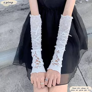 CPINCP Găng Tay Không Ngón, Lưới Nơ Dây Găng Tay Ren Gothic, Thời Trang Co Giãn Nhật Bản Gothic Anime Găng Tay Nữ Cô Gái