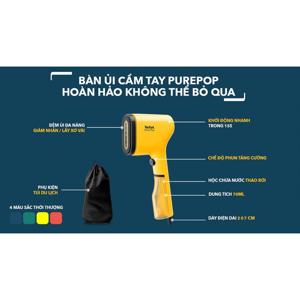 Bàn Là Hơi Nước Cầm Tay Tefal Pure POP DT202 Mini Du Lịch, Kèm Túi Bảo Quản, Chính Hãng BH 24 Tháng