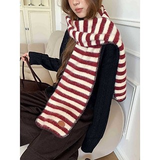 Have u desgin Len Đỏ Sọc Khăn Dệt Kim Mùa Đông Phiên Bản Hàn Quốc Cao Cấp Mềm Waxy Khăn Thời Trang Sinh Viên Bảo Vệ Cổ Trang Trí