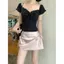 Sweet Hot Girl Suit Pháp Ren Đen Viền Áo Sơ Mi Tay Ngắn + Váy Nơ Niche Nữ Hai Mảnh