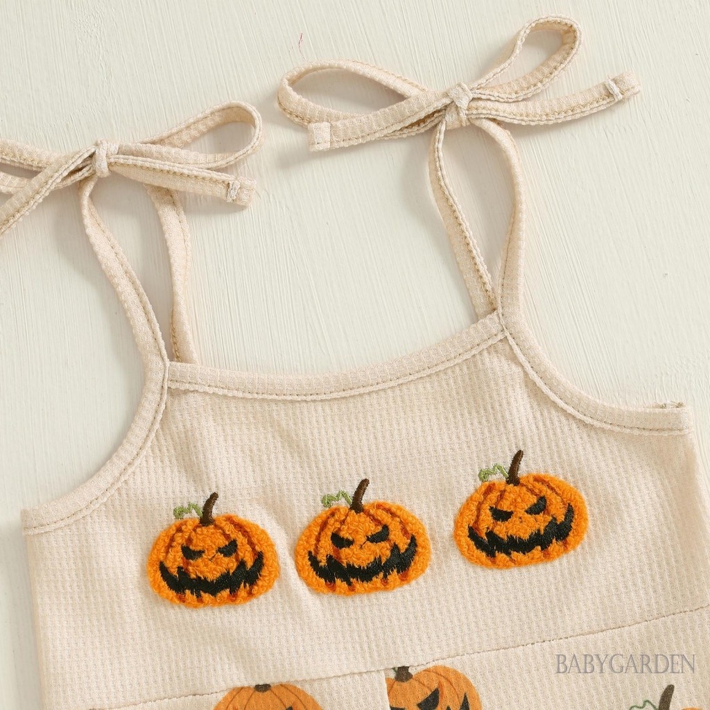 Bộ áo liền quần Halloween cho bé gái không tay Dây buộc in hình bí ngô