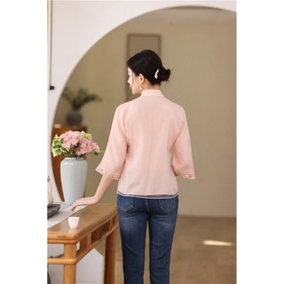 Top ngắn nữ phong cách Trung Hoa cải tiến, chất liệu organza sườn xám, thời thượng cho mùa xuân