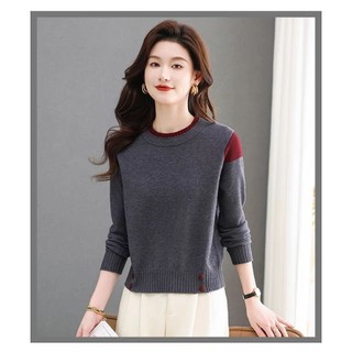 Áo len nữ tay dài cổ tròn màu đỏ, dệt kim mỏng, phong cách Hàn Quốc