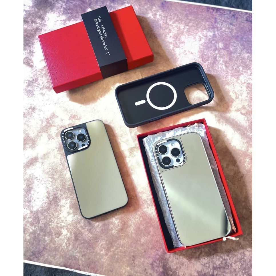 CASECASE X Black & Sliver Mirror Vỏ iPhone hút từ tính cho iPhone 17 16 15 14 13 12 Pro Max Plus Ốp lưng cứng có hộp khắc logo