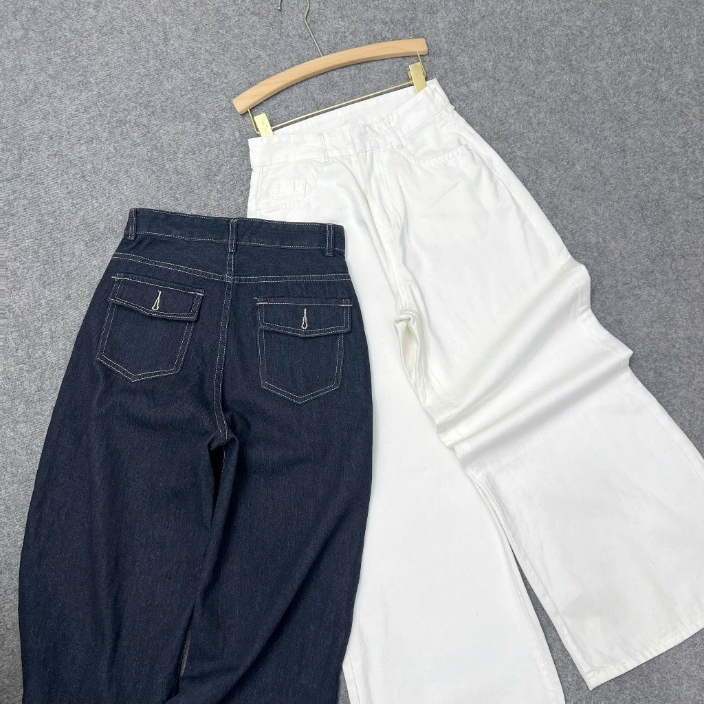 Quần Jean Nữ Bigsize Ống Rộng Cạp Cao Ống Đứng Rộng Rãi Màu Xanh Đậm/Trắng Q548