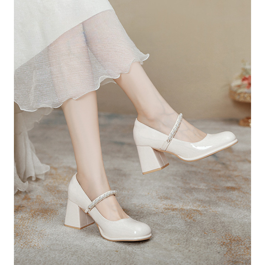 ((Size 34-45) Giày Mary Jane Pháp Size Nhỏ 34 Giày Đơn Nữ Gót Dày Ngọc Trai Kích Thước Lớn Béo Chân Rộng Giày Cao Gót Extra Fat Rộng Rộng Giày Nữ 45