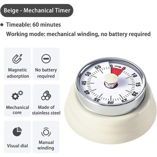 Hẹn giờ nhà bếp bằng thép không gỉ cổ điển Đếm ngược cơ học 60 phút có báo động lớn Hẹn giờ nấu ăn lưng từ tính để nướng bánh văn phòng và học tập kim loại nam châm di động nhỏ gọn