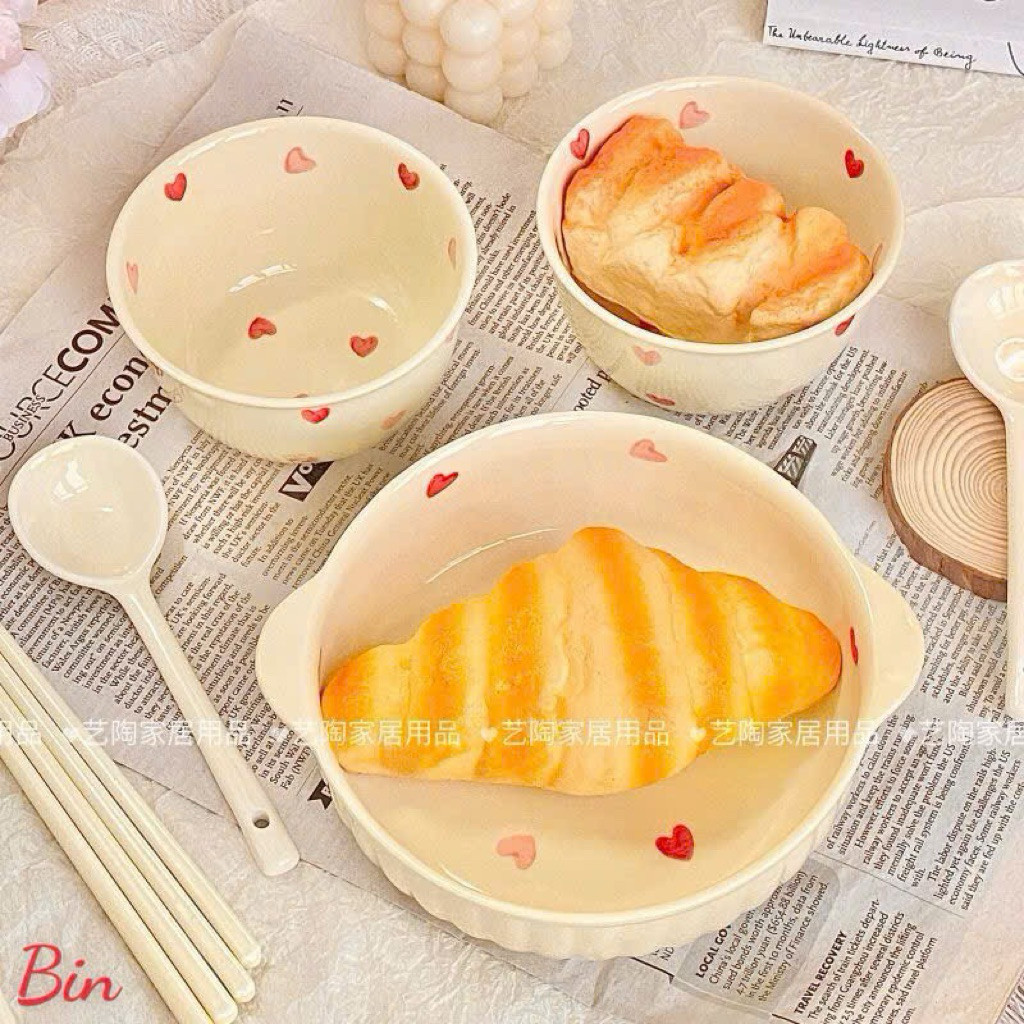 Sét bát to + bát con ăn cơm gồm 4 món - hoạ tiết hoa tim 🌸🌸🌸
