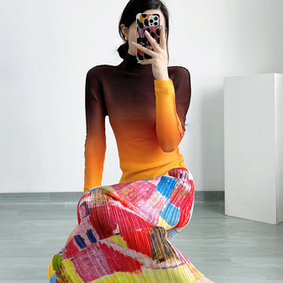 Miyake Áo Sơ Mi Cổ Cao Tay Dài Thiết Kế Xếp Ly Gradient Cho Nữ