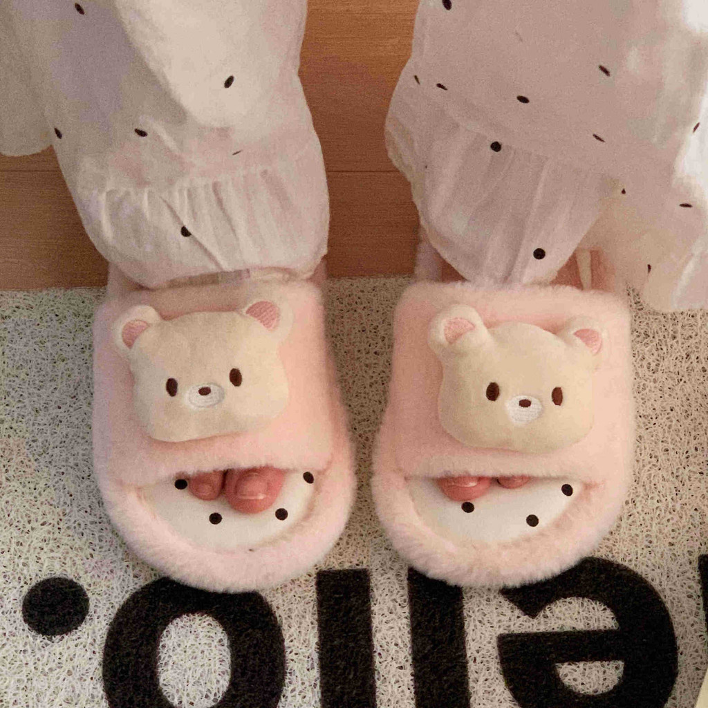 XIXITIAO Dép Cotton Sang Trọng Dễ Thương Chấm Bi Gấu Nữ Thu Đông Nhà Thoải Mái Phong Cách Hàn Quốc
