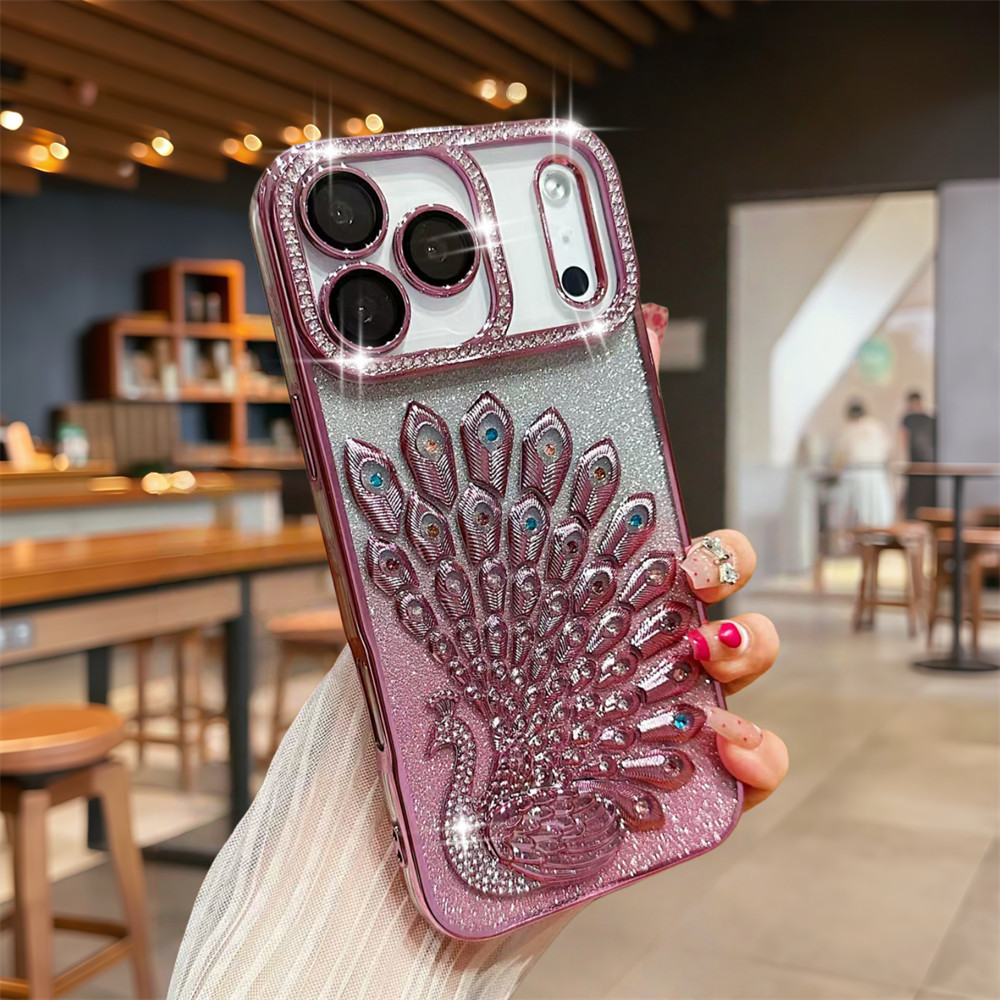 Ốp điện thoại hình con công Flash Diamond 3D cho iPhone 17 Pro Max 16 13 14 15 Pro Max Air Phim bảo vệ gương chống rơi TPU mềm vỏ bảo vệ điện thoại