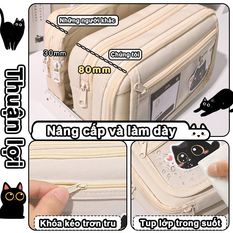 Hộp Bút Mèo Hoạt Hình Dễ Thương, Hộp Đựng Bút Chì Mèo Đen Trắng, Túi Bút Học Sinh Phong Cách Ins