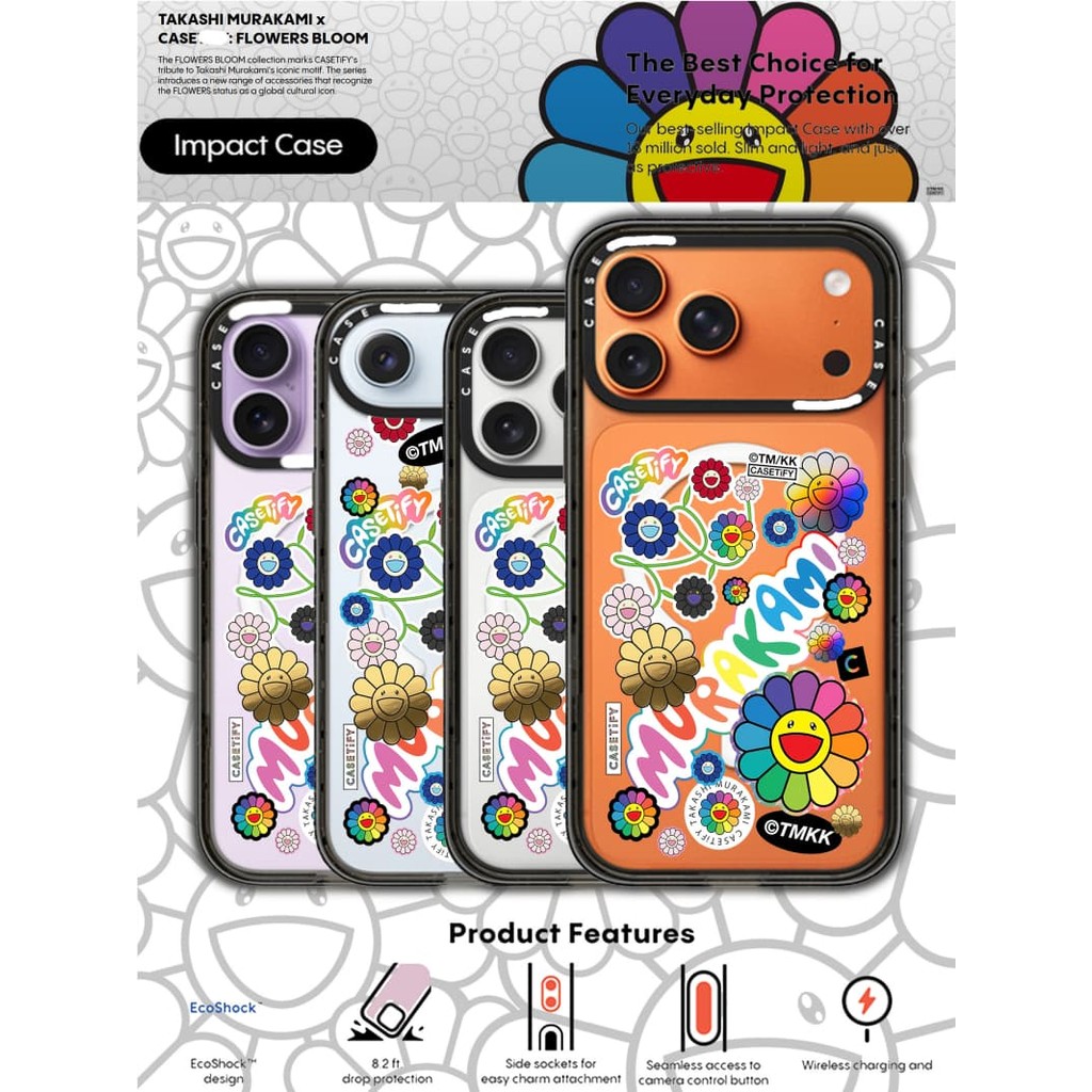 TAKASHI MURAKAMI x CASECASE: HOA BLOOM FLOWERS STICKER MANIA Black Edge Clear Hard Từ Hút Tác Động Dành Cho Apple IPhone 12 13 14 15 16 17 Pro Max Air Plus Có Hộp