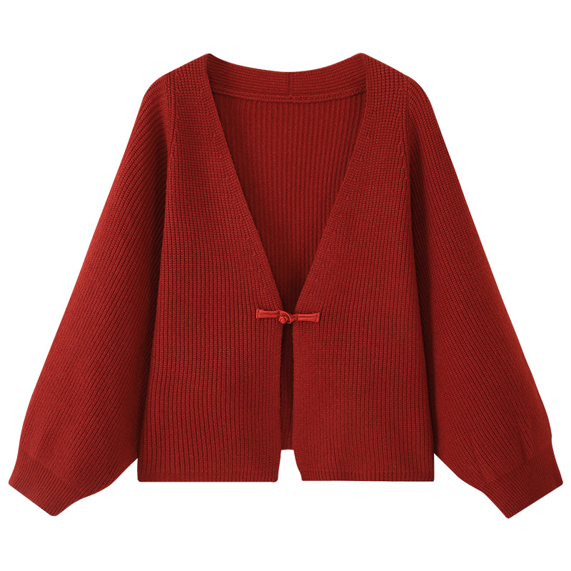 Mutu Mới Phong Cách Trung Hoa Khóa Phong Cách Trung Hoa Dệt Kim Cardigan Nữ Mùa Xuân 2026 Phong Cách Mới Màu Đỏ Dài Tay Áo Khoác Top