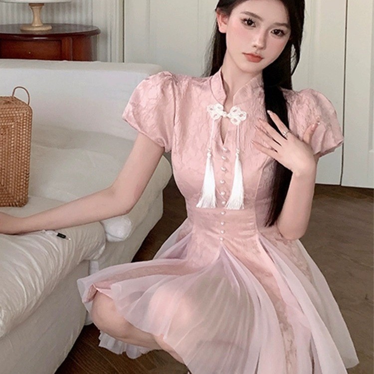 Váy sườn xám ngắn tay hiện đại phong cách Trung Quốc mới dành cho nữ, váy bồng bềnh kiểu tiên nữ thanh lịch ôm dáng