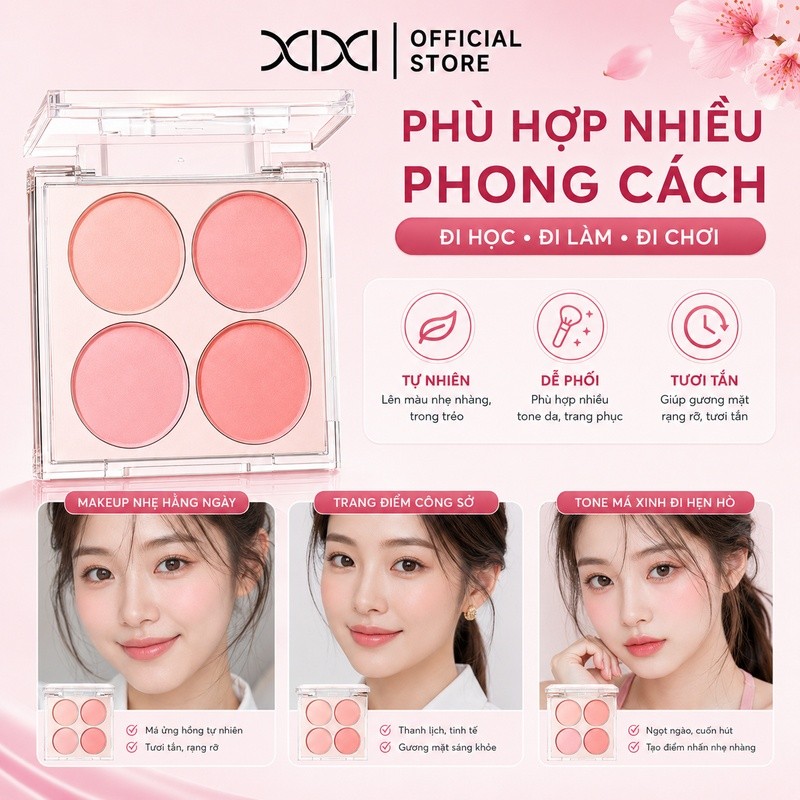 XIXI D674 Bảng Má Hồng 4 Ô Blush Tự Nhiên, Phấn Má Mịn Nhẹ Dễ Tán, Trang Điểm Má Hồng Trong Trẻo
