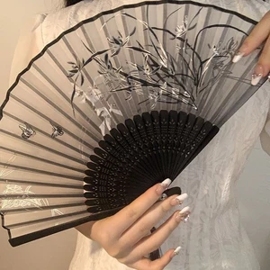 Phong Cách Trung Quốc Gấp Quạt Nhỏ Mang Theo Phong Cách Cổ Đại Hanfu Trang Phục Cổ Vũ Mới Phong Cách Trung Hoa Bầu Trời Đen Quạt Tre Nữ