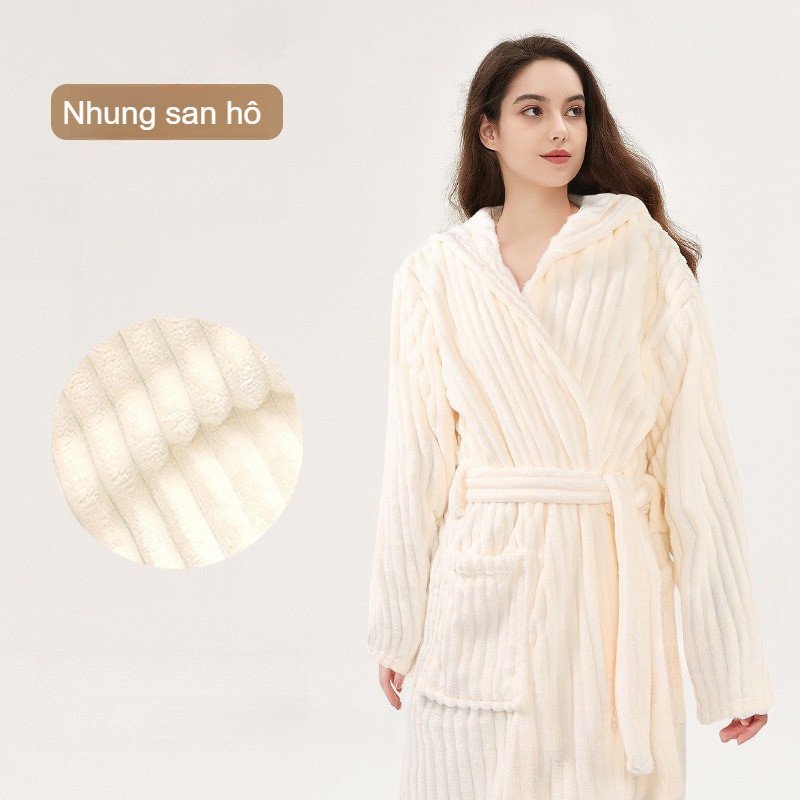 áo choàng tắm có mũ microfiber sọc mềm mại thấm hút nhanh khô thoáng khí giữ ấm freesize