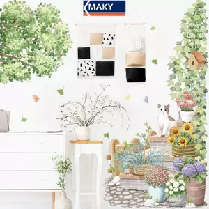 MAKY Hoạt Hình Hoa Cây Xanh Stier Nhà Trang Trí Phòng Khách Vinyl Tường Stier Hoa Hướng Dương Mèo Dễ Thương DIY Trẻ Em Cửa Bức Tranh Tường Giấy Dán Tường VN