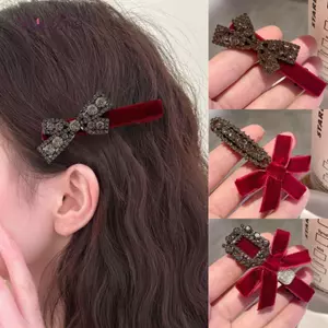 AqToCna 2 Chiếc Đỏ Nhung Nơ Kim Cương Giả Tóc Nữ Năm Mới Bầu Không Khí Retro Dubill Kẹp Thời Trang Phụ Kiện Tóc Quà Tặng AqToCna