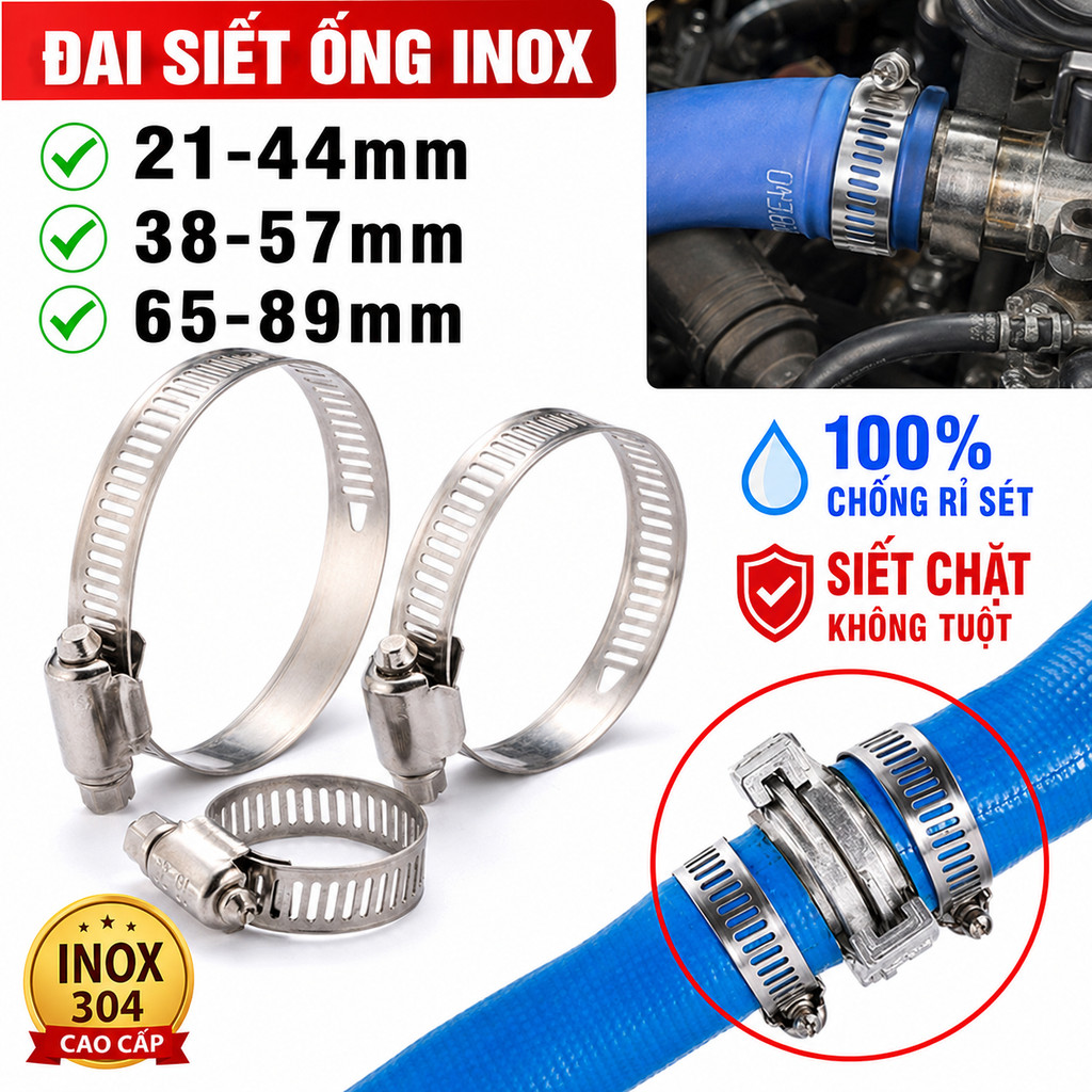 Đai Xiết Ống Inox 304 Chống Gỉ 21-44mm 38-57mm 65-89mm Cổ Dê Siết Chặt Ống Nước Ống Gió Bền Chắc