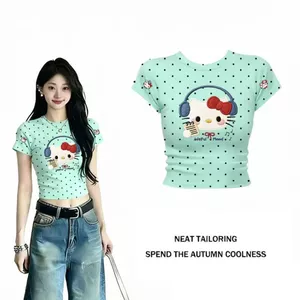 Áo thun Cotton cổ tròn ngắn tay ngọt ngào khí chất Slim-fit Top Dopamine Kitty Cat Print
