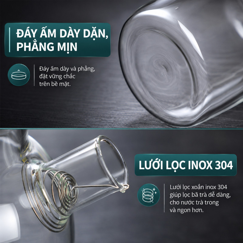 Bình nước thủy tinh borosilicate, bình đựng nước nắp inox 304, bình lọc nước pha trà 1L/1.8L