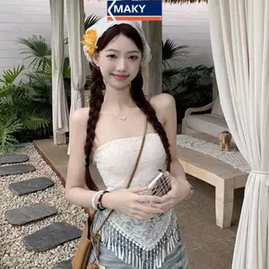MAKY Mùa Hè Ngày Lễ Phong Cách Rỗng Ren Thêu Dây Ôm Áo Nữ Gợi Cảm sel Tube Top VN