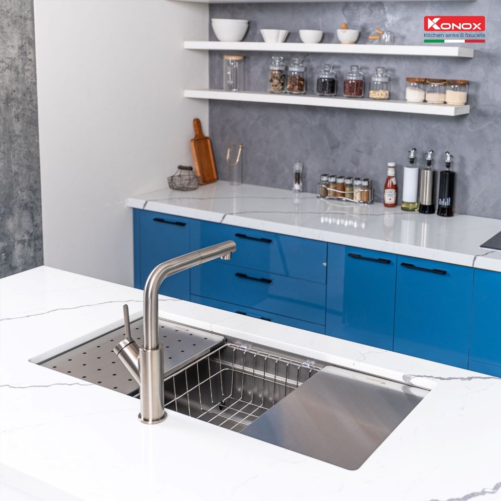[TẶNG VÒI] Chậu rửa bát inox 1 hố chống xước Konox DEKOR 7644SU - Bảo hành 10 năm