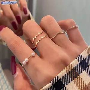 Bluelover 5 Chiếc Đơn Giản Vòng Sóng Bộ Dành Cho Nữ Cô Gái Cá Tính Tính Khí Ngọc Trai Mini Thanh Lịch Đáng Yêu Nhẫn Phụ Kiện Trang Sức Quà Tặng Mới