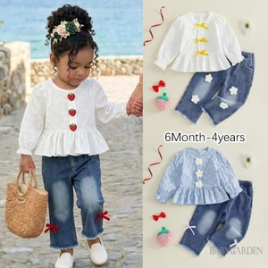 Bộ trang phục mùa thu cho bé gái Nơ Áo dài tay + Quần Denim Thanh lịch Bộ 2 chiếc