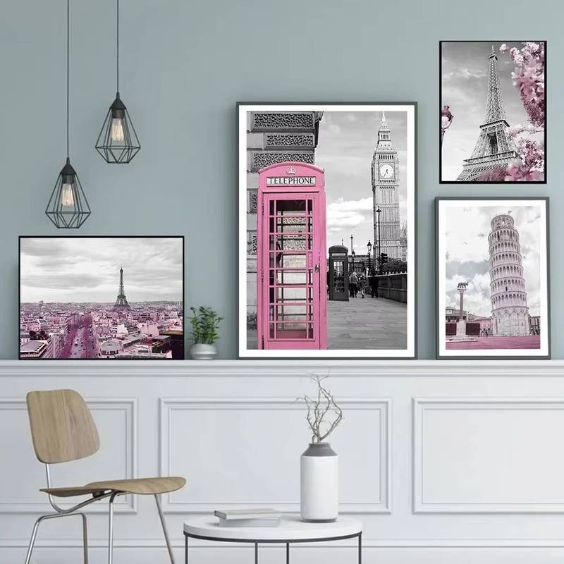 Poster phong cảnh thành phố Pháp hiện đại, thích hợp để trang trí nhà cửa phòng khách, màu hồng và đen Tháp Eiffel Paris vẽ tranh tường nghệ thuật