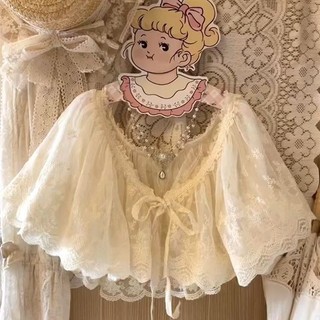 Khăn Choàng Ren Trắng Phong Cách Lolita, Hình Hoa Cardigan Ngắn Thêu Hai Lớp, Cổ Áo Giả Nhật Bản, Tiện Dụng