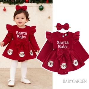 Bé Gái Trang Phục Giáng Sinh Chữ Ông Già Noel Thêu Tay Dài Cổ Tròn Romper Đầm + Nơ Băng Đô