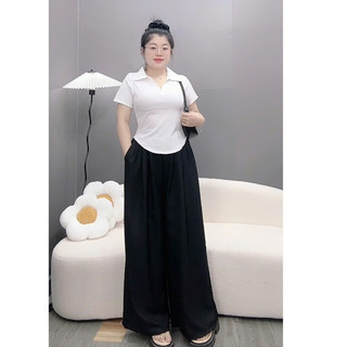 Set Đồ Bigsize Nữ Thanh Lịch Áo Kiểu Polo Cổ Bẻ Vạt Bầu Kèm Quần Đũi Suông Lưng Chun Mềm Mát - SET( G120+Q564)