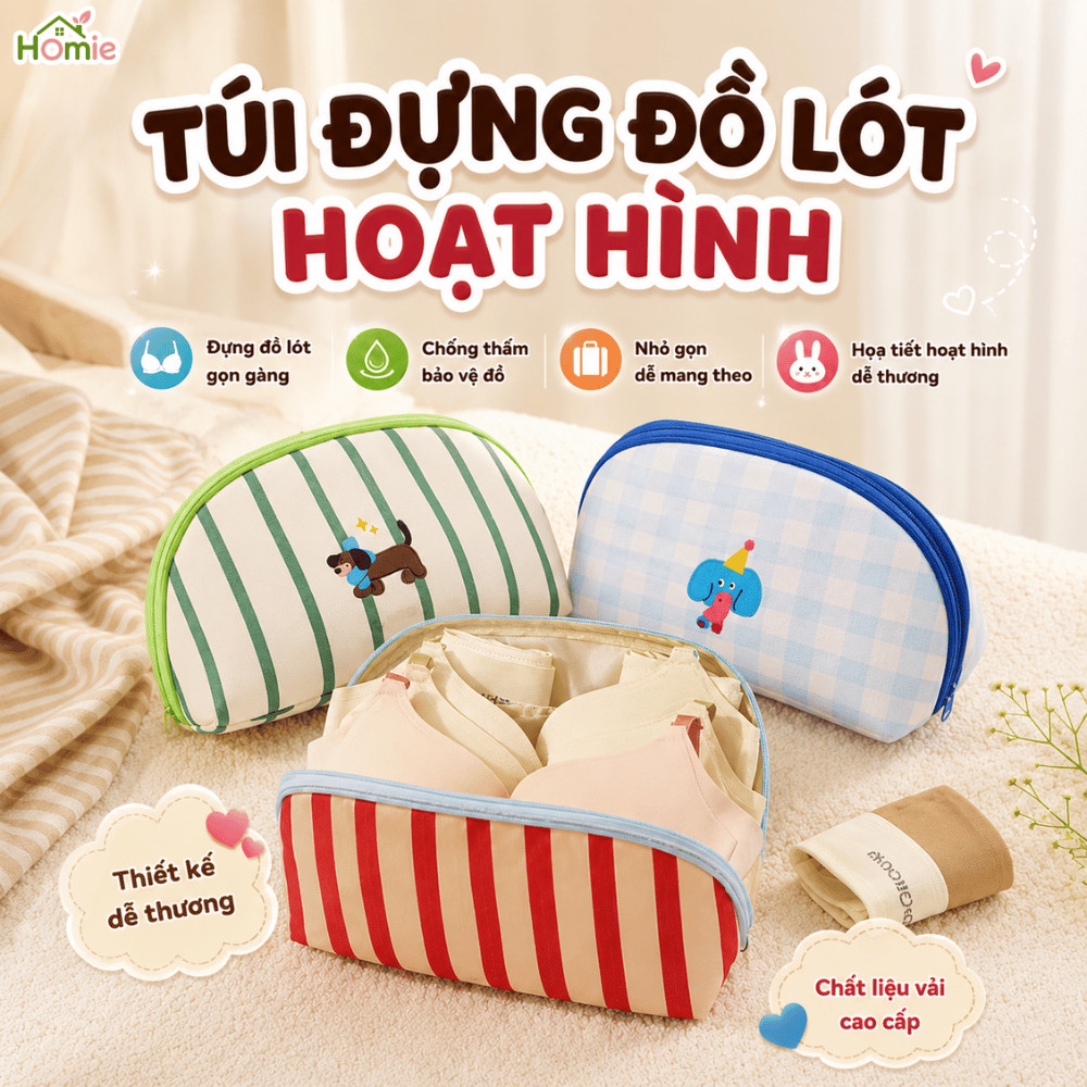 Túi Đựng Đồ Lót Hoạt Hình Dễ Thương HOMIE, Túi Thiết Kế Mở Rộng 3 Ngăn Tiện Lợi, Dung Tích Lớn