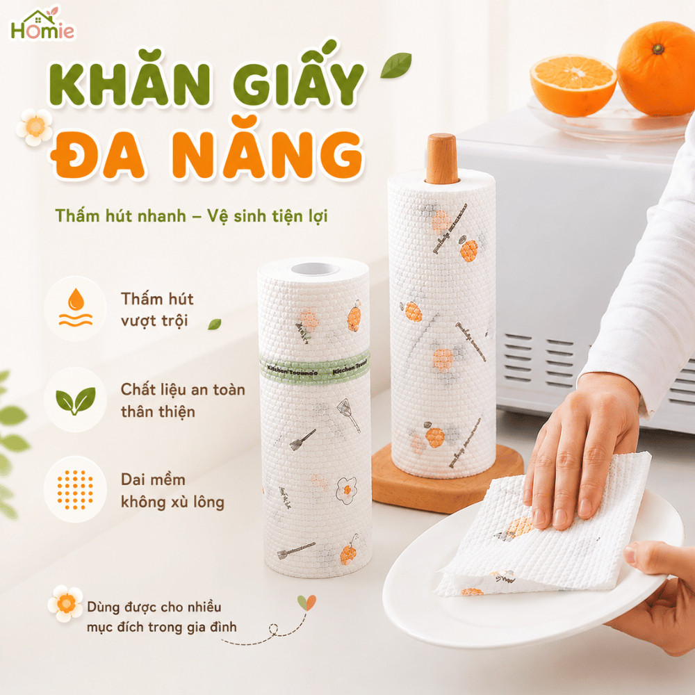 Cuộn 200 Khăn Giấy Vải Lau Đa Năng Có Thể Tái Sử Dụng HOMIE Khăn Lau Bếp, Lau Bát, Siêu Thấm Hút