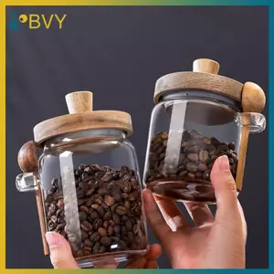 BVY Hộp Đựng Thủy Tinh Lọ Bảo Quản Thực Phẩm Có Nắp Gỗ Và Muỗng Thủy Tinh Kín Bình Kín Hơi Cho Đường Cà Phê Đậu Kẹo.