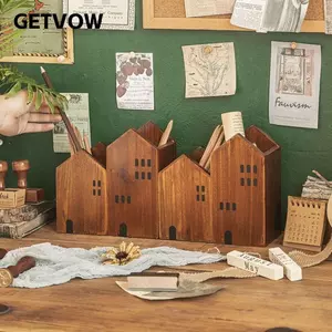 GETVOW 2 Cái / bộ Hộp Đựng Bút, Dụng Cụ Trang Điểm Hình Ngôi Nhà Gỗ, Hộp Bảo Quản Văn Phòng Phẩm Dễ Thương Trang Trí Máy Tính Để Bàn Học Sinh
