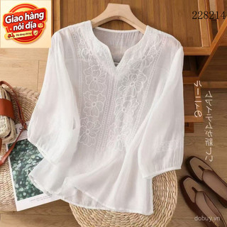 Giao hàng nội địa từ Việt Nam 2025 Áo thun ngắn tay thêu cotton nguyên chất cỡ lớn cho phụ nữ mùa hè mới