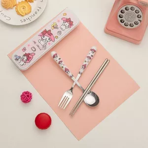 Hộp Đóng Hộp Bộ Đồ Ăn Di Động Kuromi Đũa Bộ Ba Mảnh Thìa Học Sinh Nĩa Bộ Thép Không Gỉ 6.24
