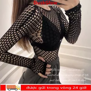 Áo thun lưới DUSKGLOW, Thiết kế gợi cảm Sheer Chất liệu Fishnet Top, Vải mềm dáng rộng vừa vặn rỗng Slim Fit Hollow Out Top Dạo phố Thời trang